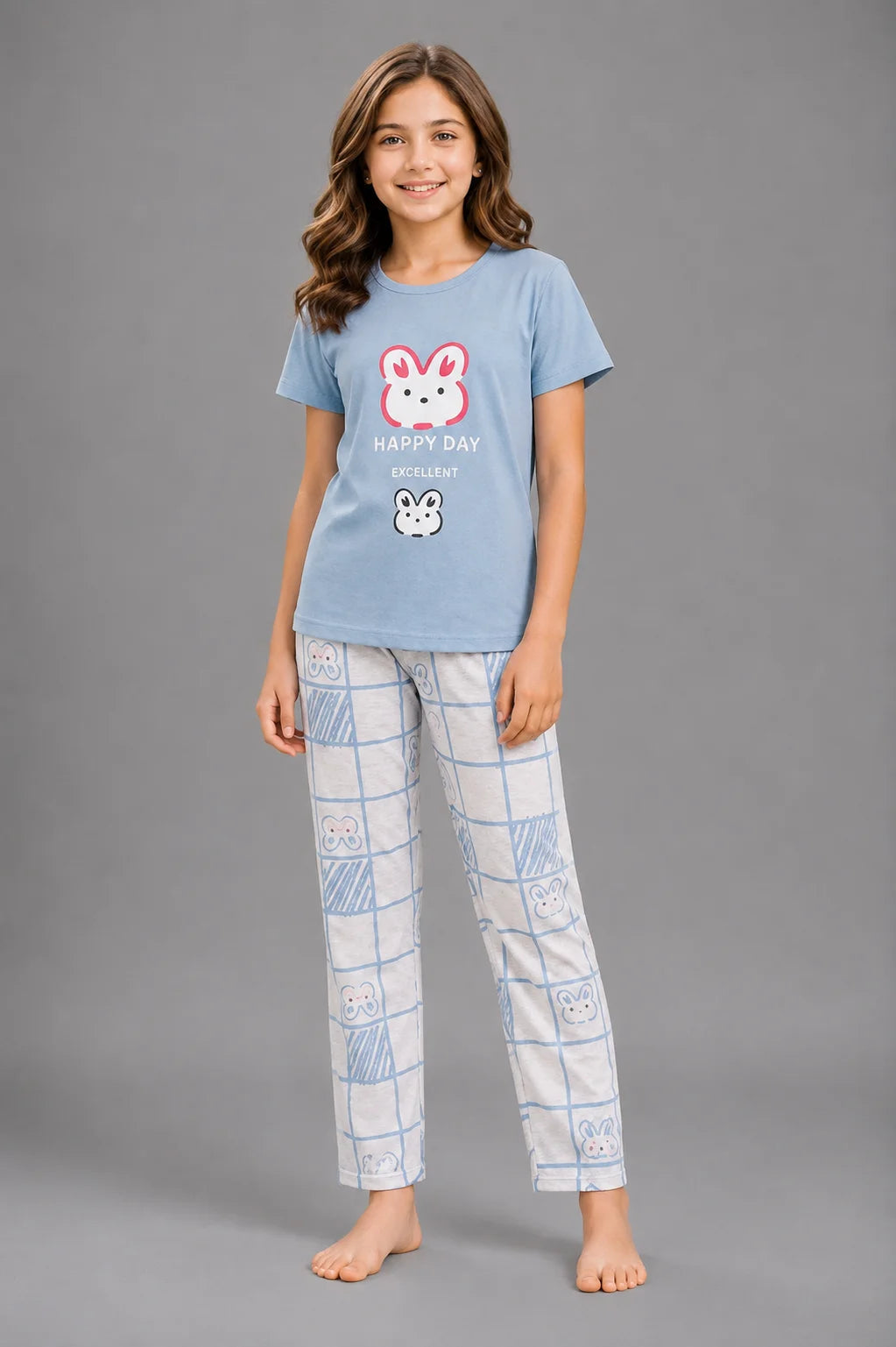 Girls' Light Blue Bunny Print Night Suit
