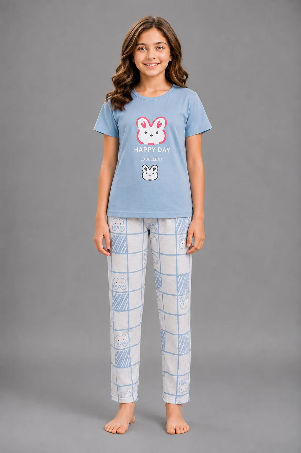 Girls' Light Blue Bunny Print Night Suit