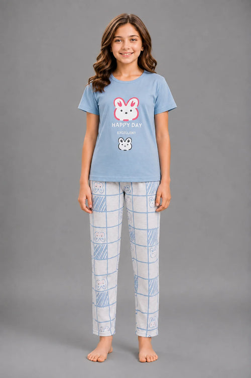 Girls' Light Blue Bunny Print Night Suit