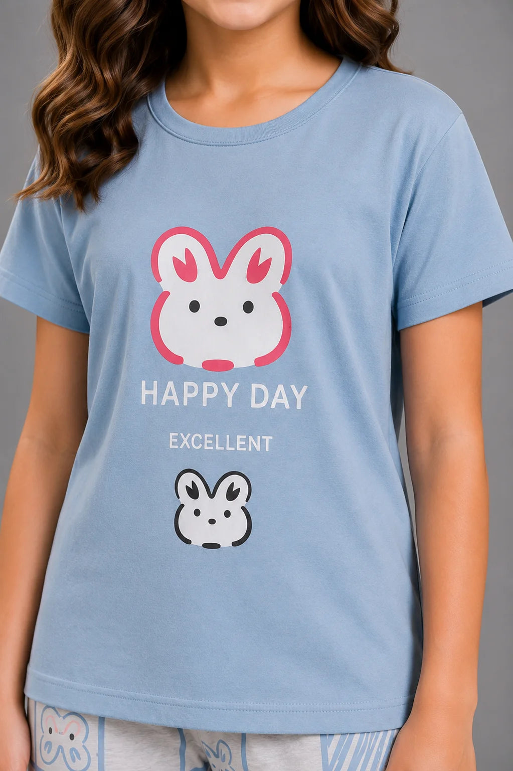 Girls' Light Blue Bunny Print Night Suit