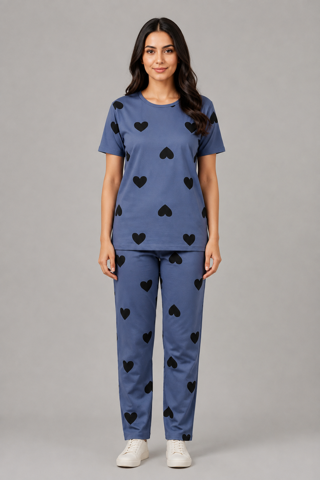 Women Slate Blue Black Heart Night Suit