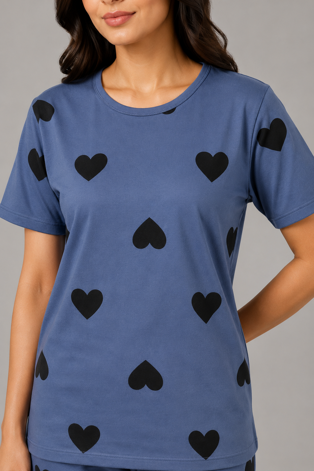 Women Slate Blue Black Heart Night Suit