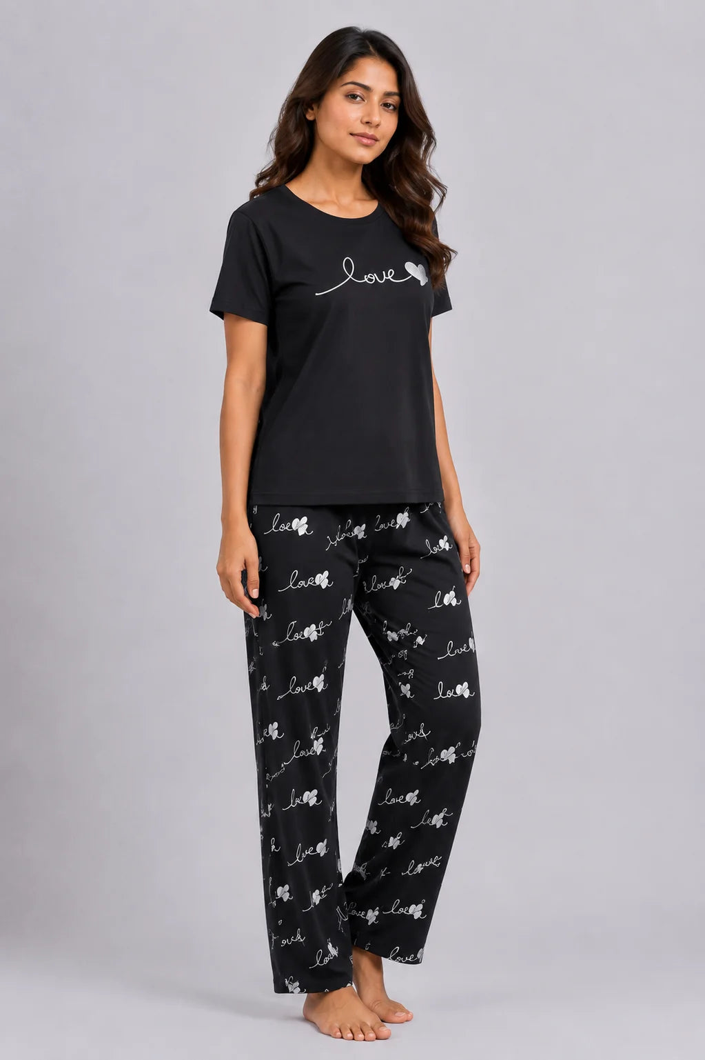 Women's Black Love Print Night Suit