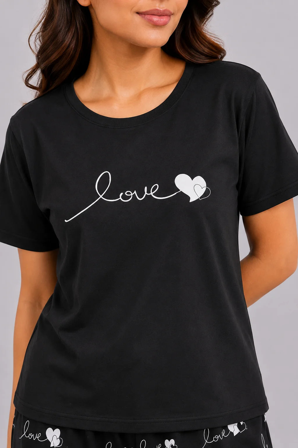 Women's Black Love Print Night Suit