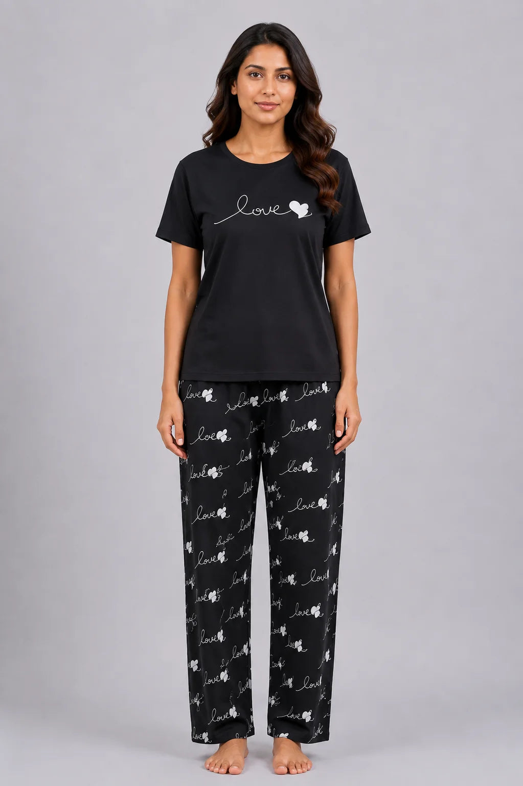 Women's Black Love Print Night Suit