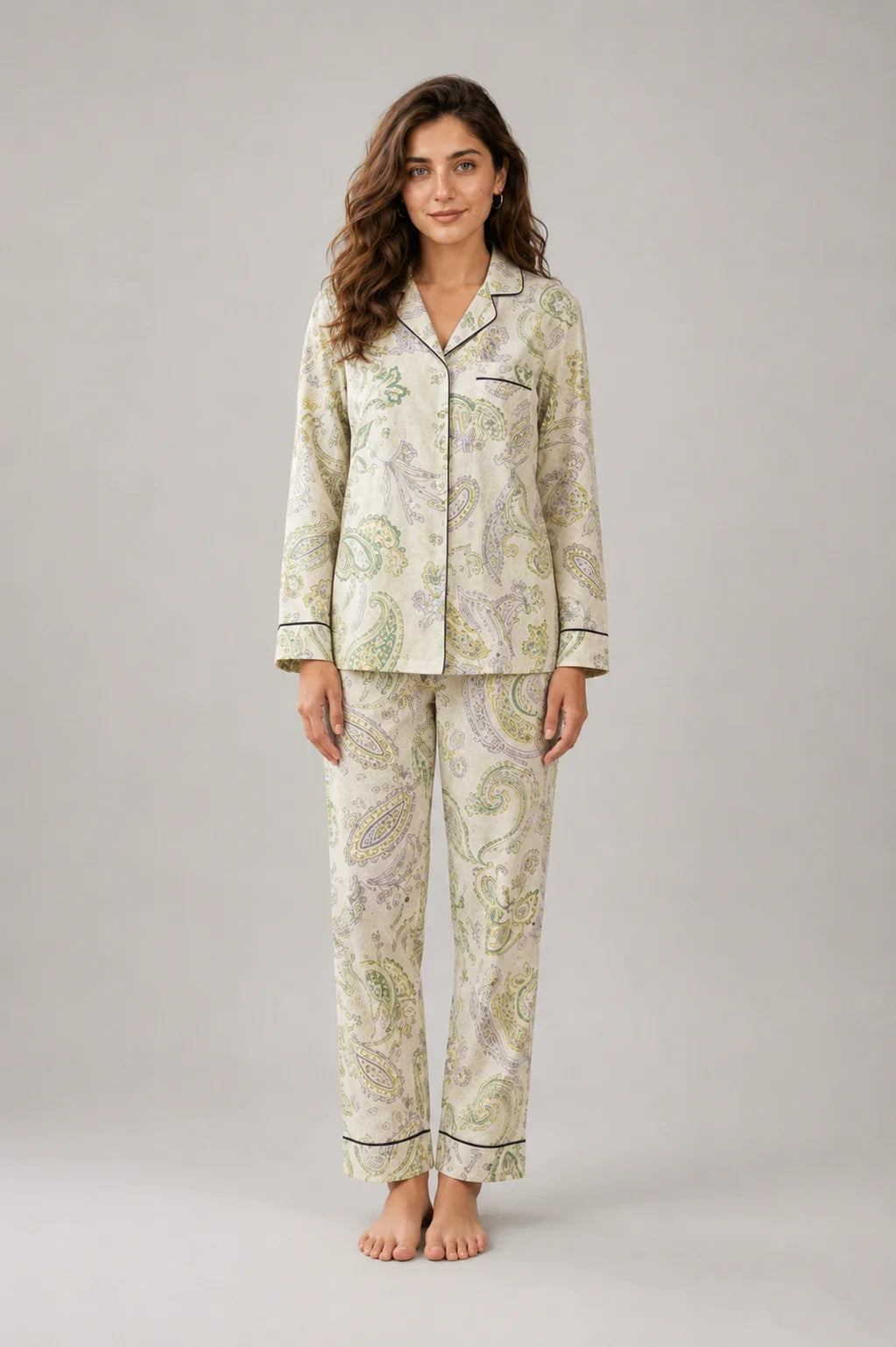 Women's Cream Paisley Printed Night Suit with Piping
