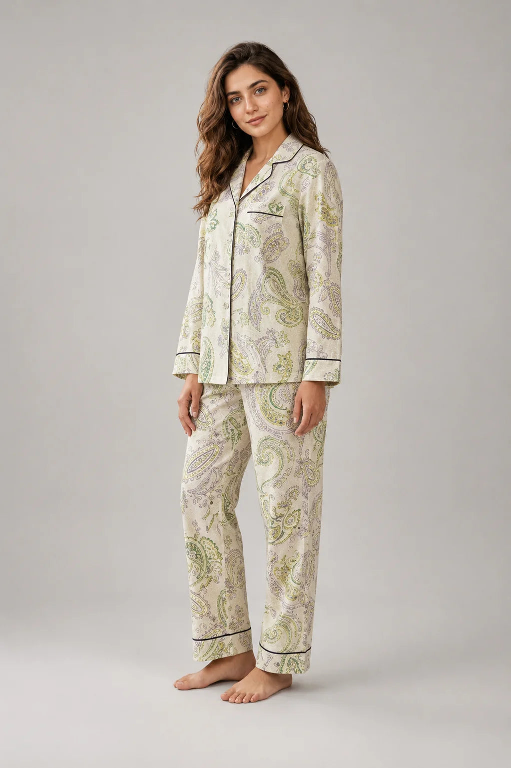 Women's Cream Paisley Printed Night Suit with Piping