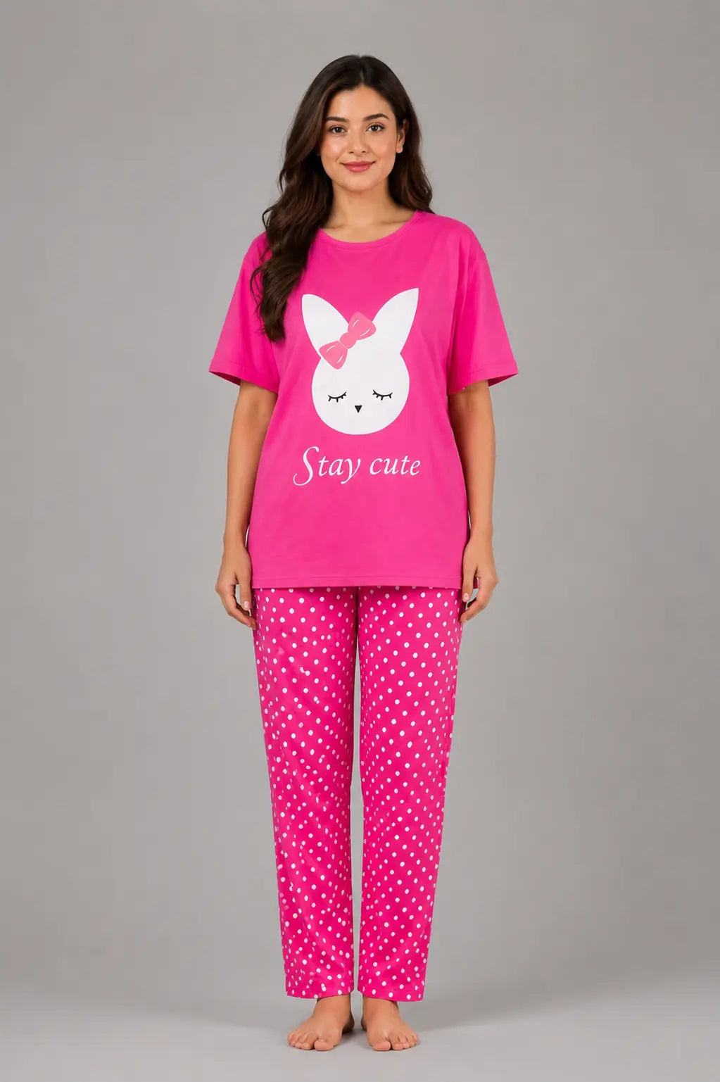 Women's Hot Pink Bunny Print Night Suit