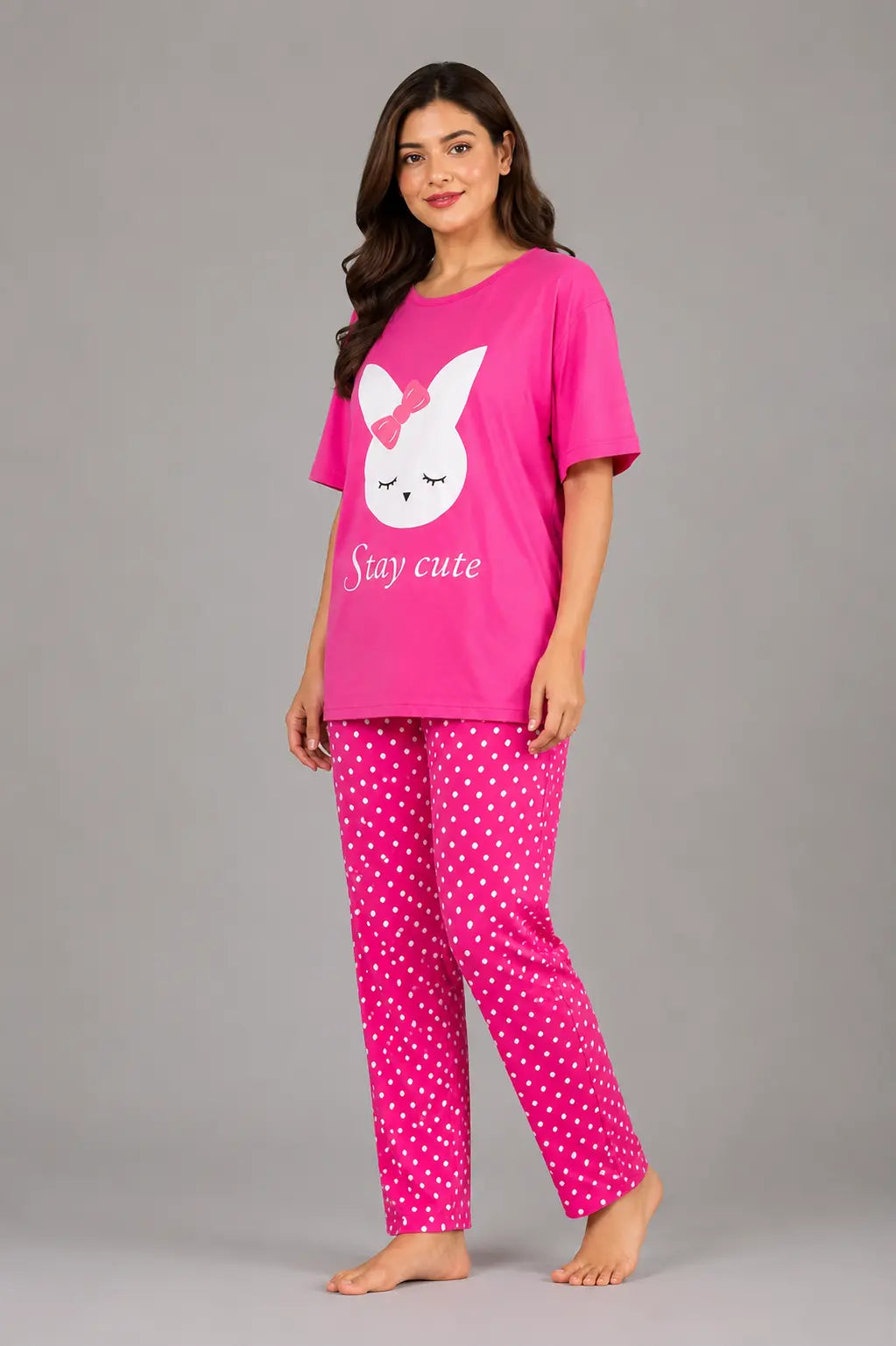 Women's Hot Pink Bunny Print Night Suit