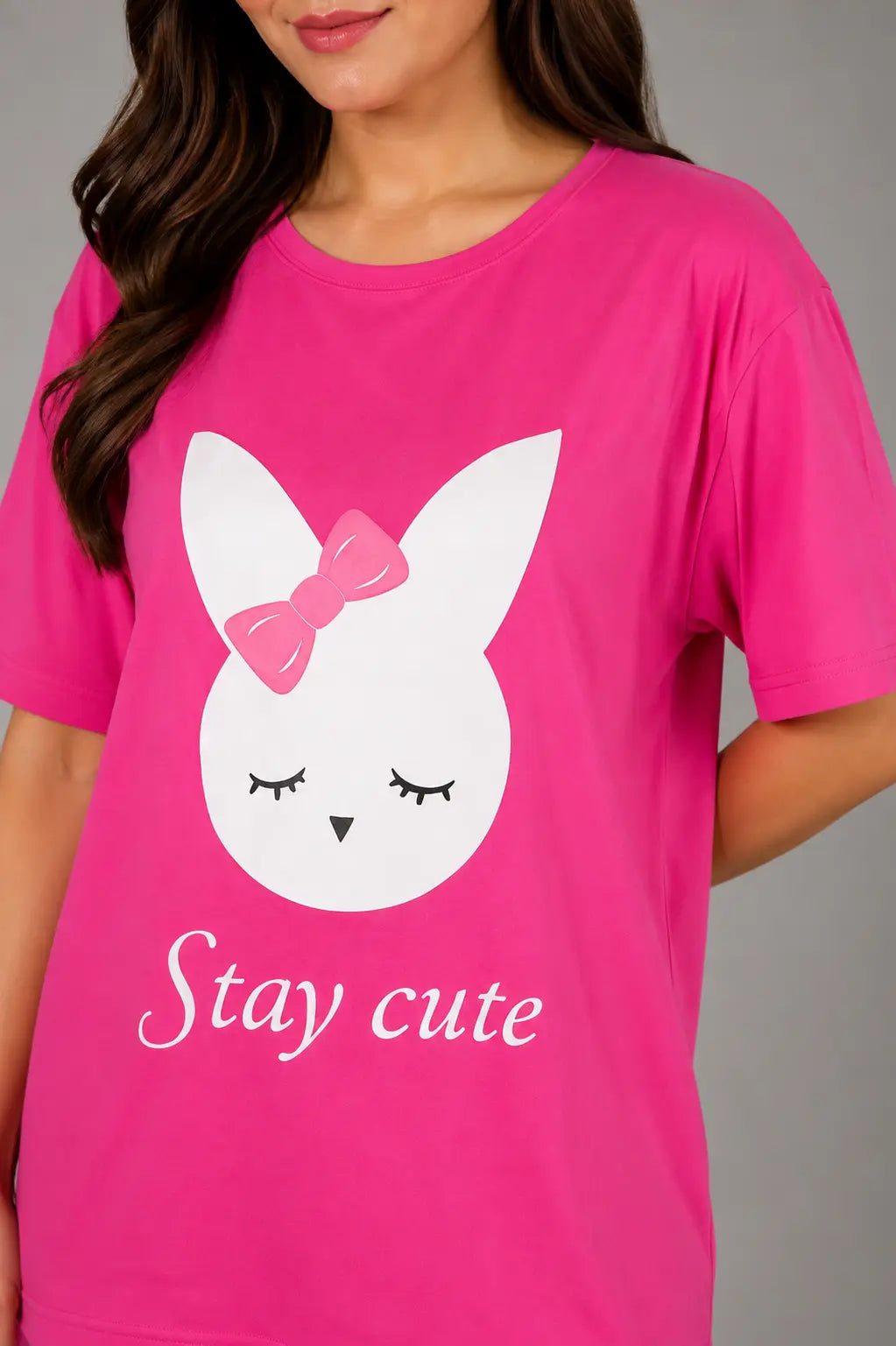 Women's Hot Pink Bunny Print Night Suit