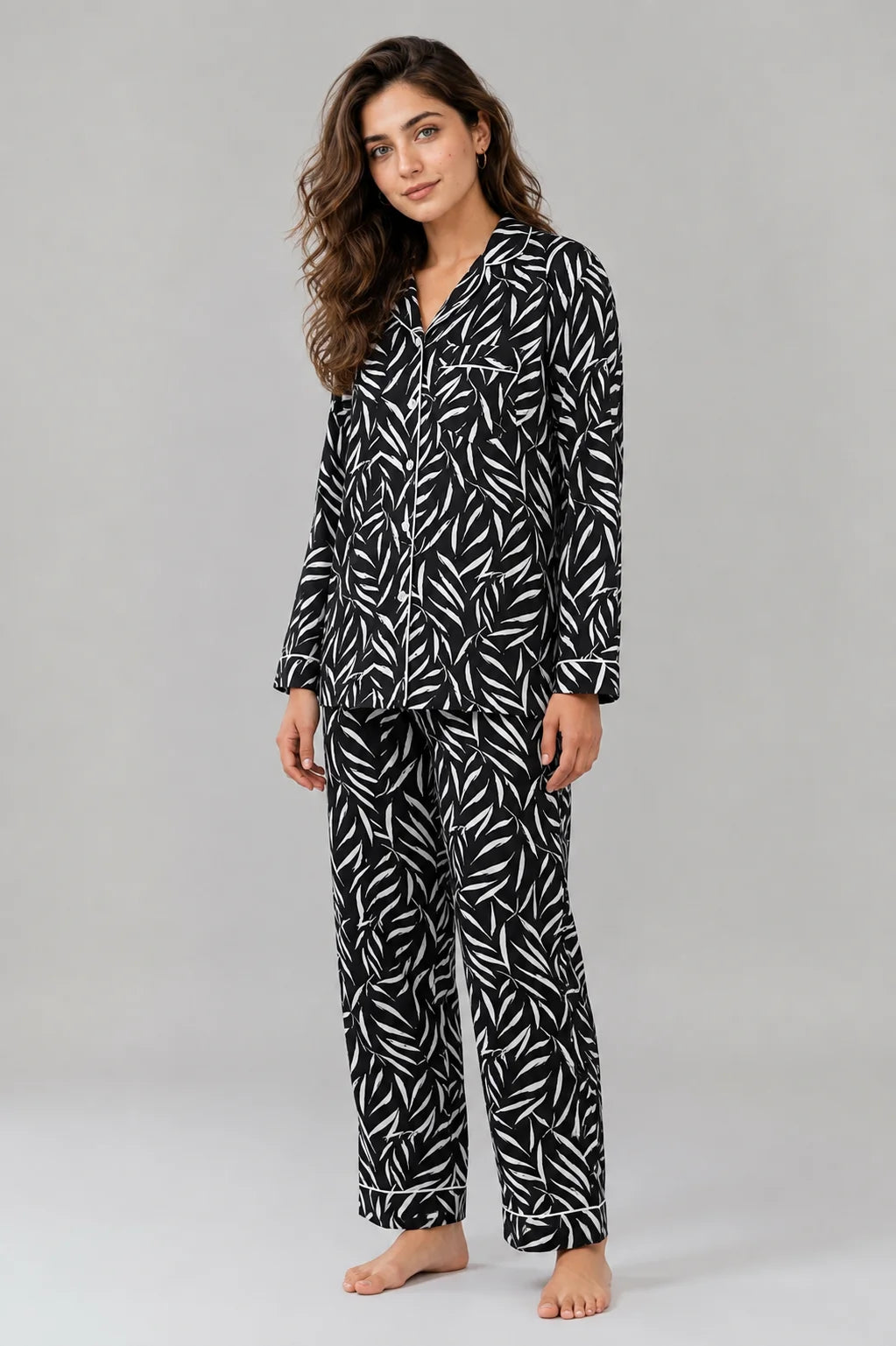 Women's Linen Night Suit, Black & White Leaf Print Pajama Set