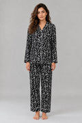 Women's Linen Night Suit, Black & White Leaf Print Pajama Set