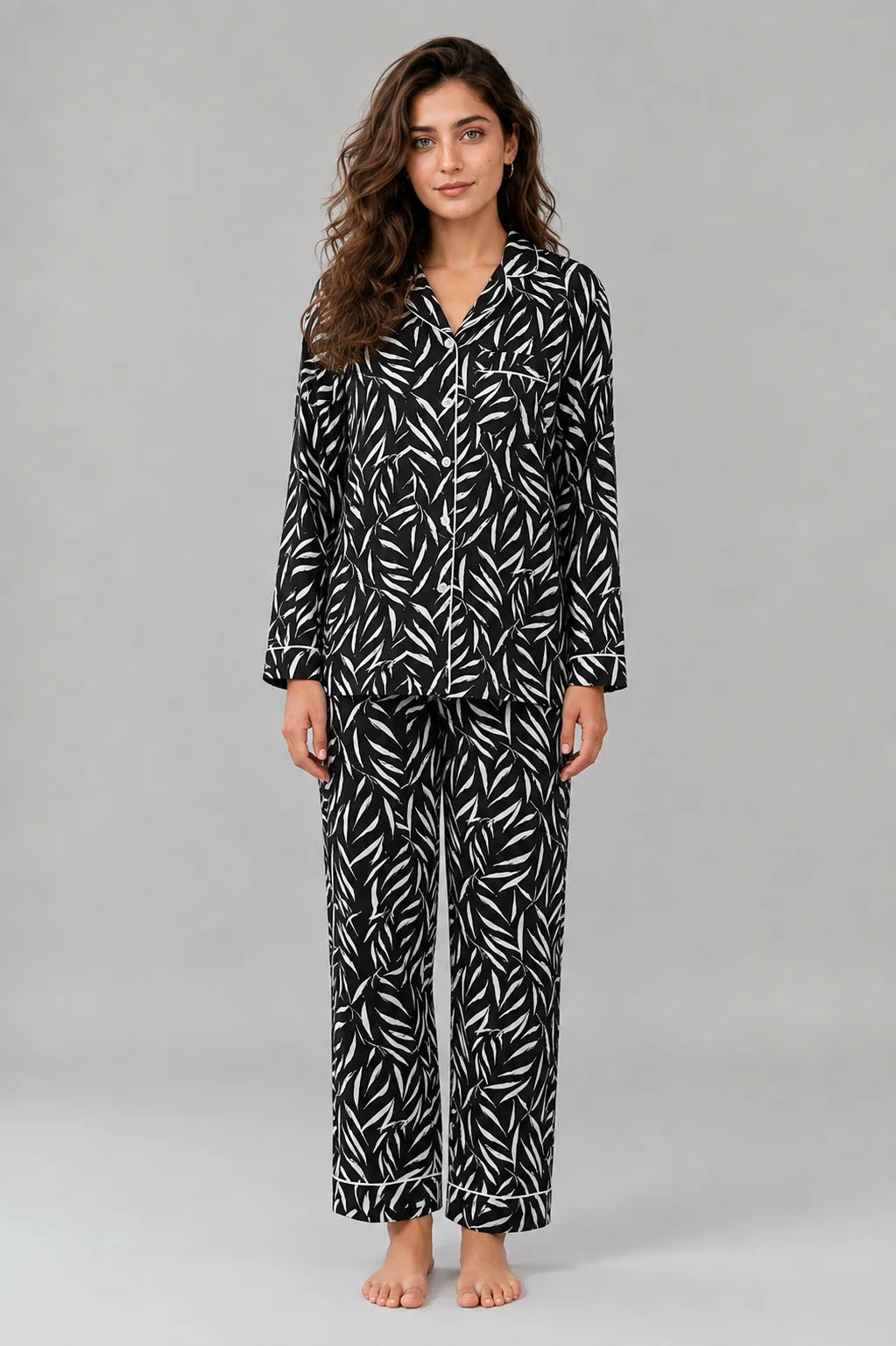 Women's Linen Night Suit, Black & White Leaf Print Pajama Set
