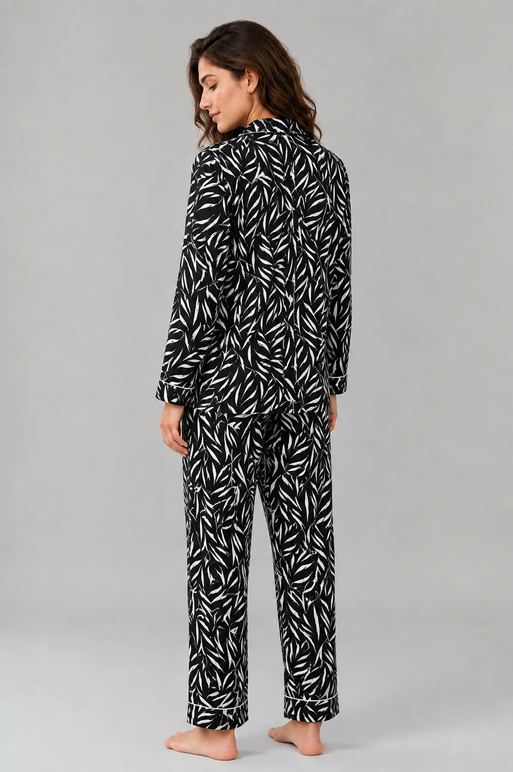 Women's Linen Night Suit, Black & White Leaf Print Pajama Set