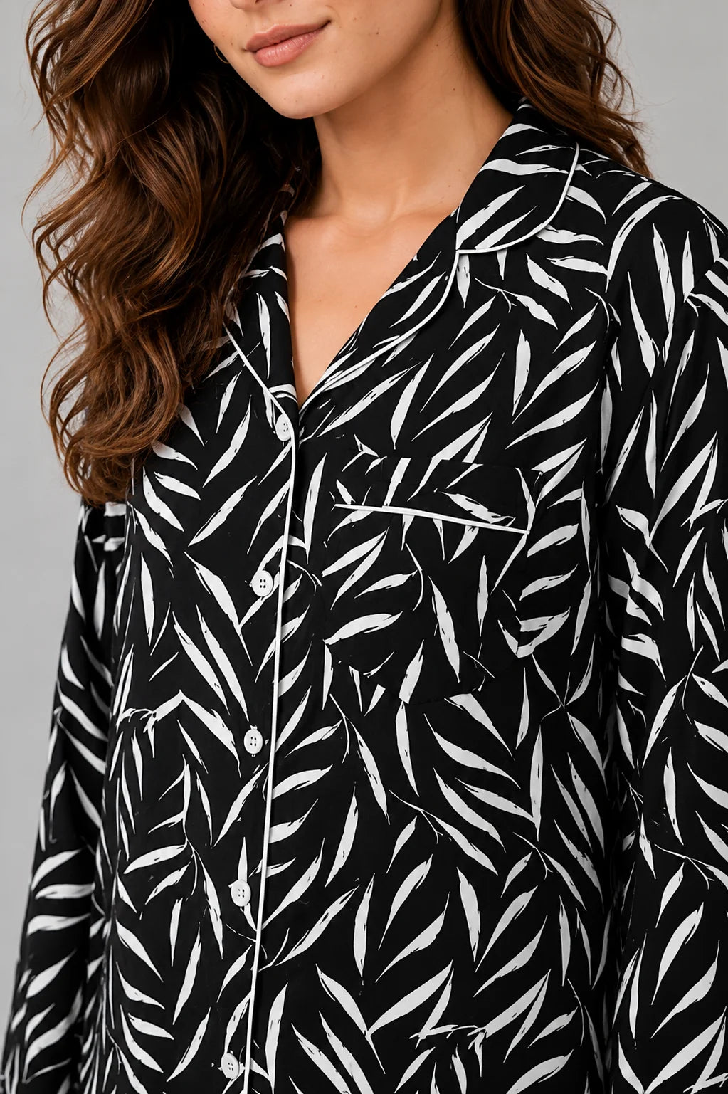 Women's Linen Night Suit, Black & White Leaf Print Pajama Set
