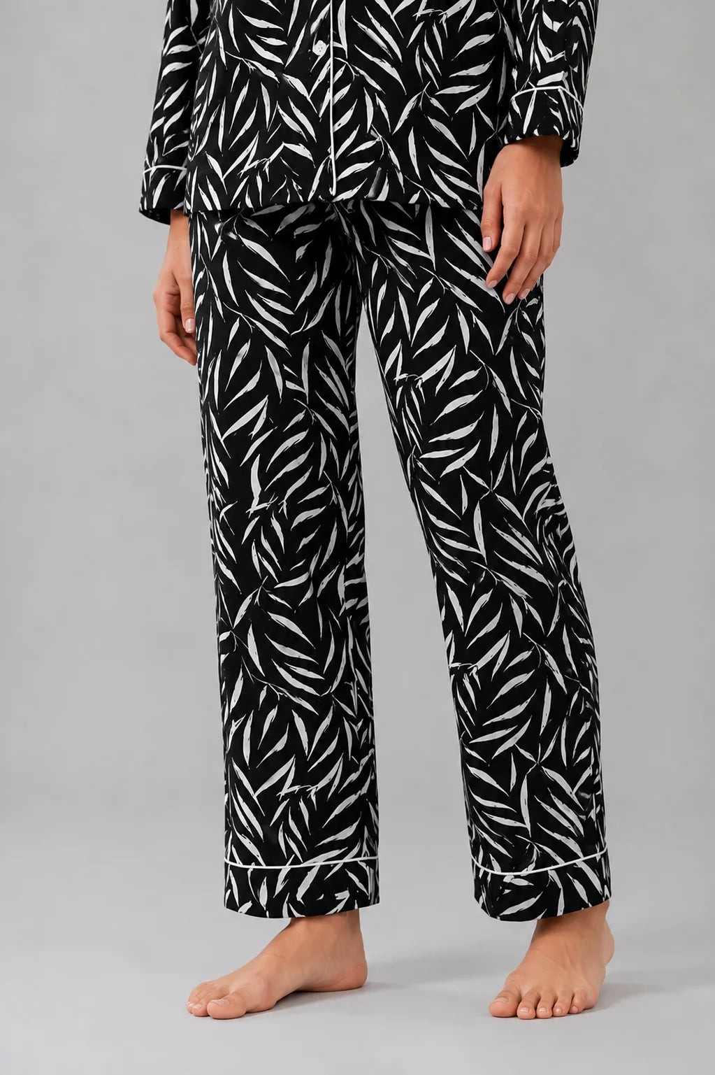 Women's Linen Night Suit, Black & White Leaf Print Pajama Set