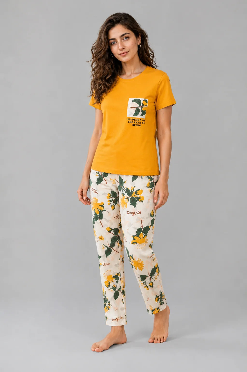 Women's Mustard Yellow Floral Print Night Suit