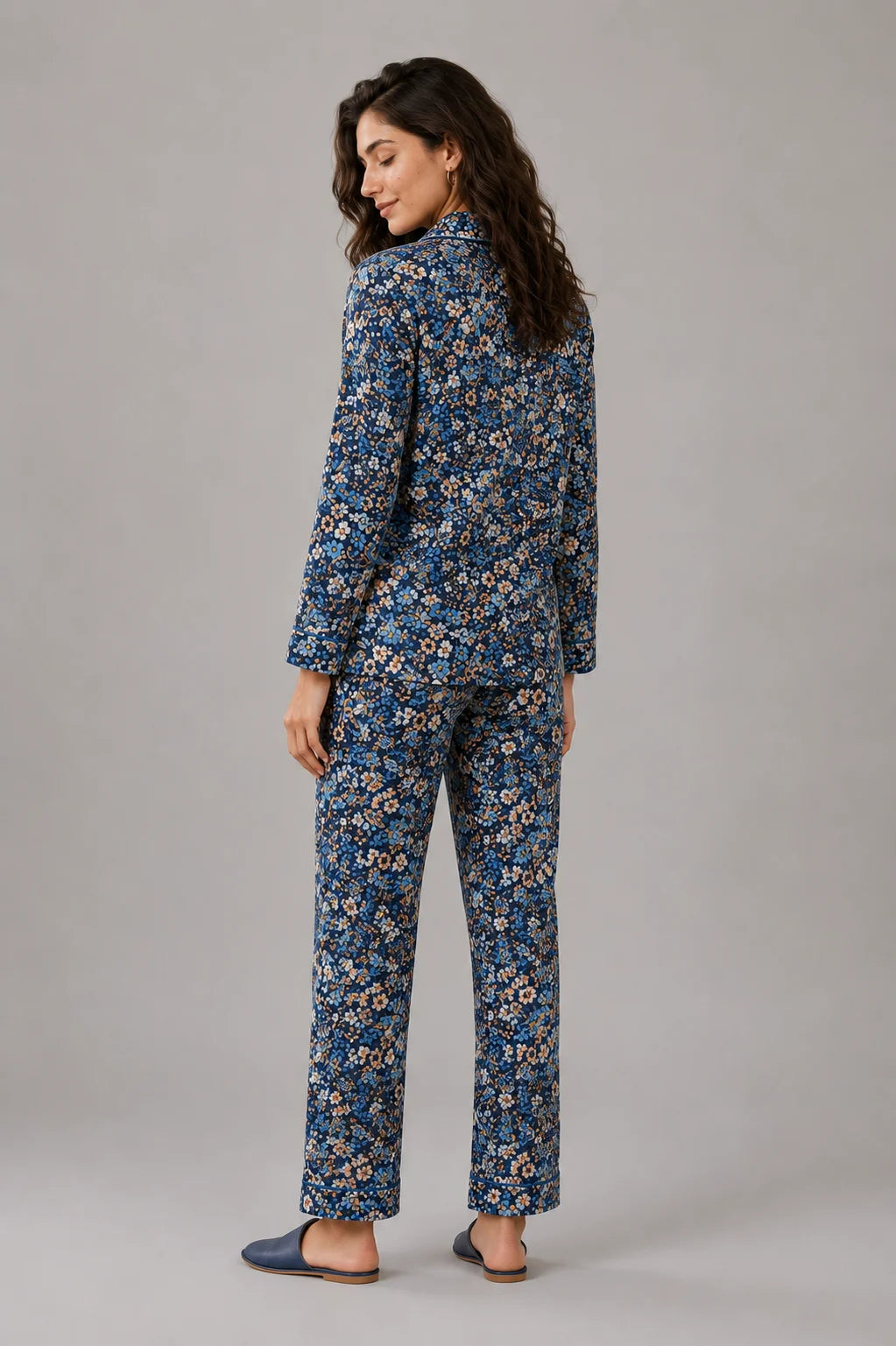 Women's Navy Blue Floral Linen Night Suit with Piping