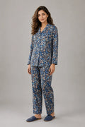 Women's Navy Blue Floral Linen Night Suit with Piping