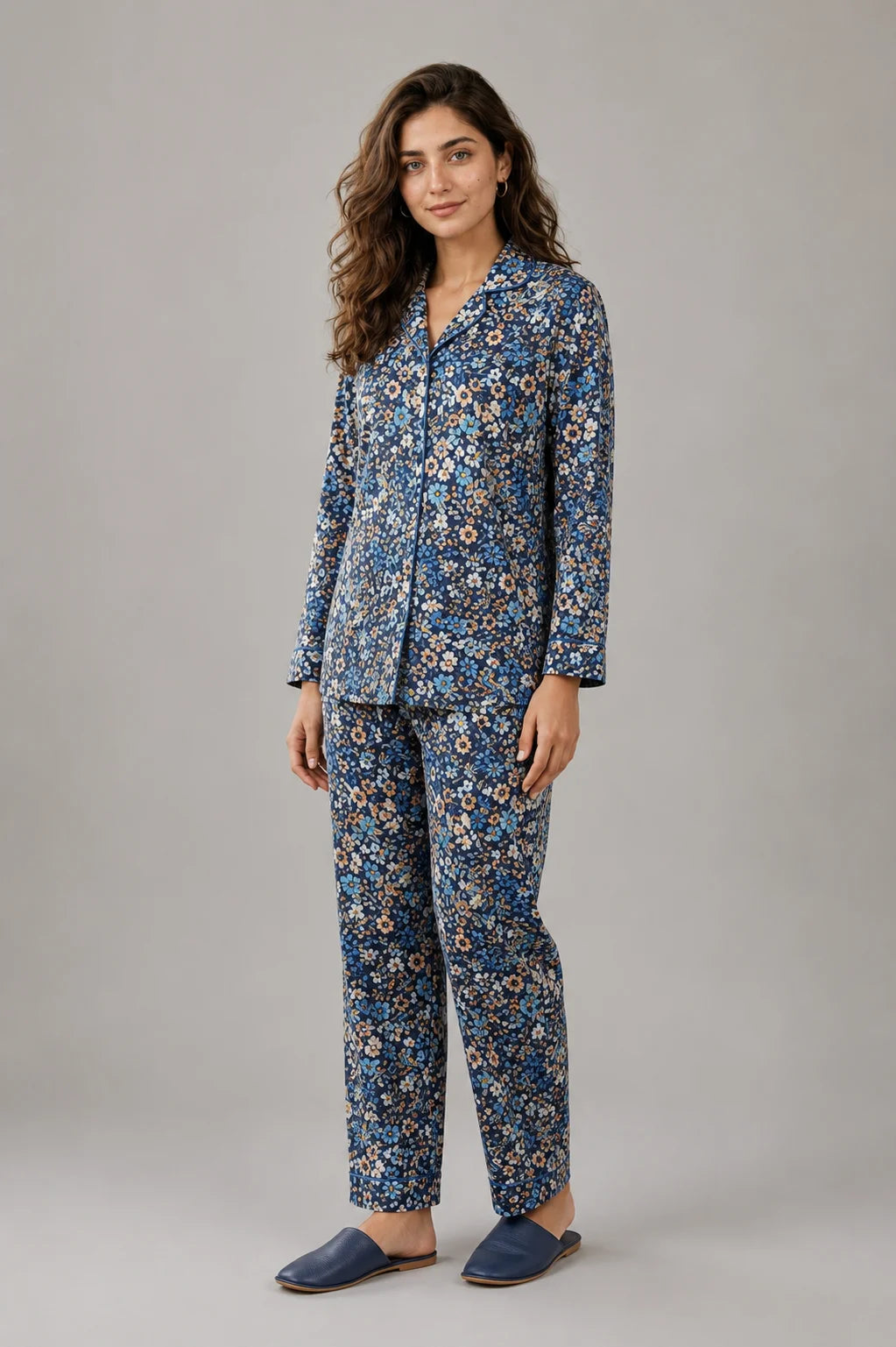 Women's Navy Blue Floral Linen Night Suit with Piping