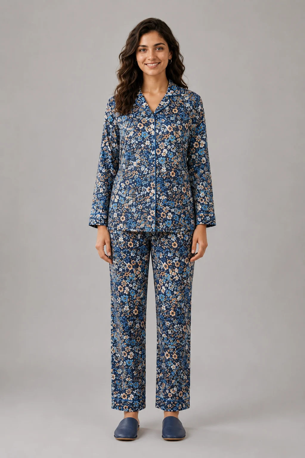 Women's Navy Blue Floral Linen Night Suit with Piping