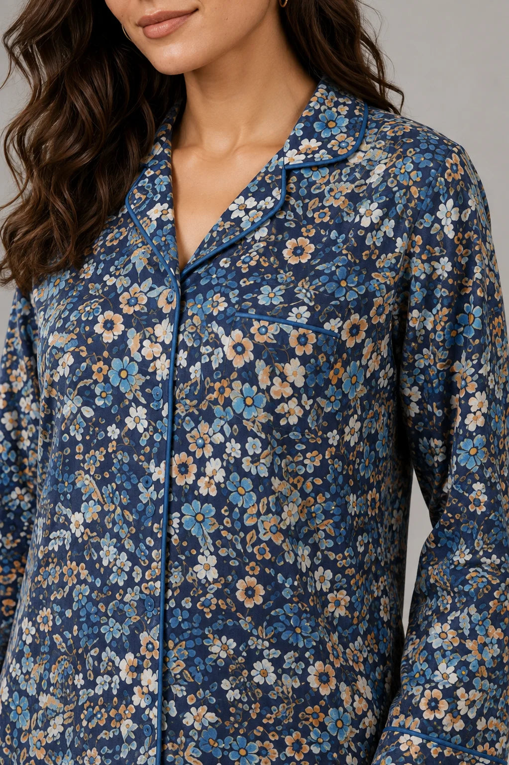Women's Navy Blue Floral Linen Night Suit with Piping