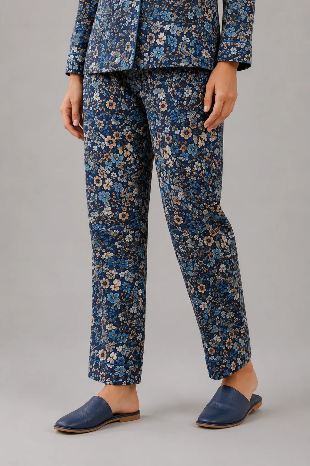 Women's Navy Blue Floral Linen Night Suit with Piping