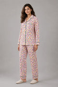 Women's Pink Floral Linen Night Suit with Green Piping