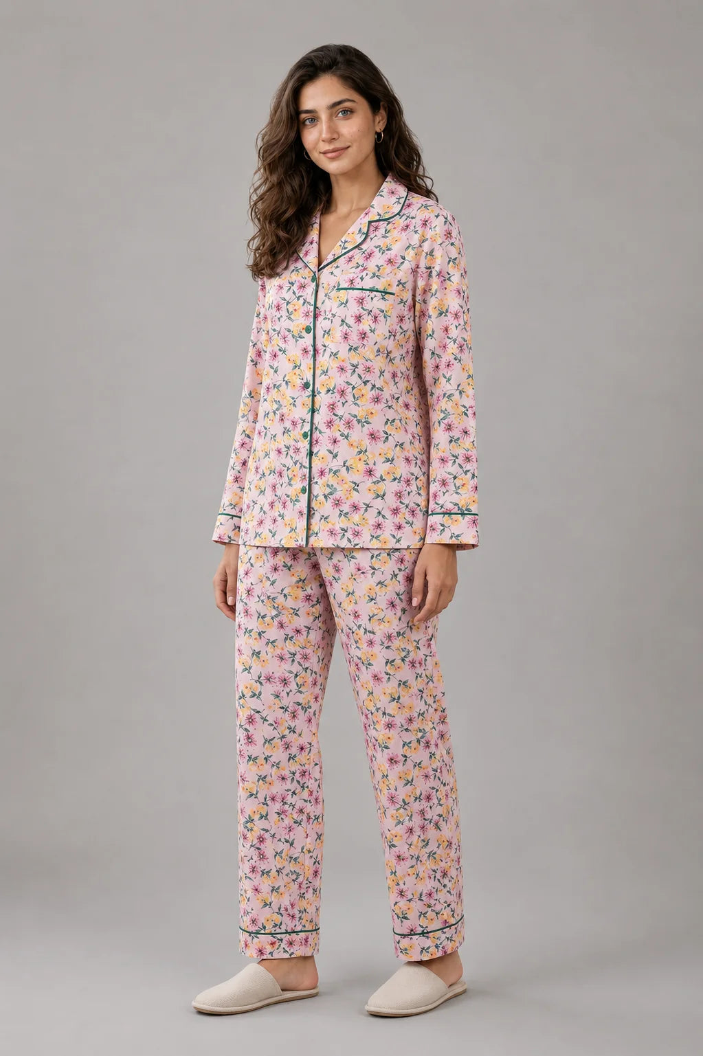 Women's Pink Floral Linen Night Suit with Green Piping