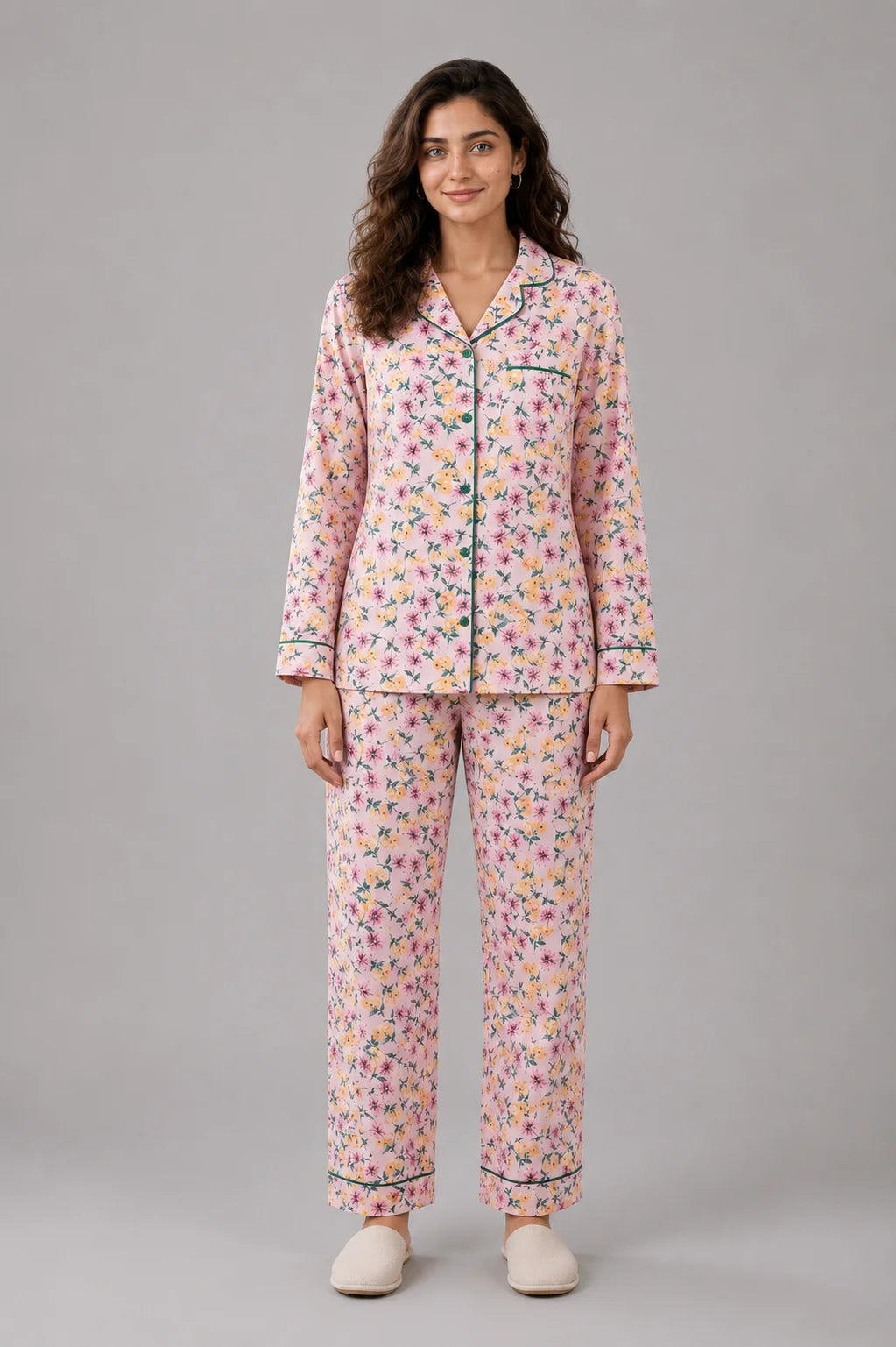 Women's Pink Floral Linen Night Suit with Green Piping