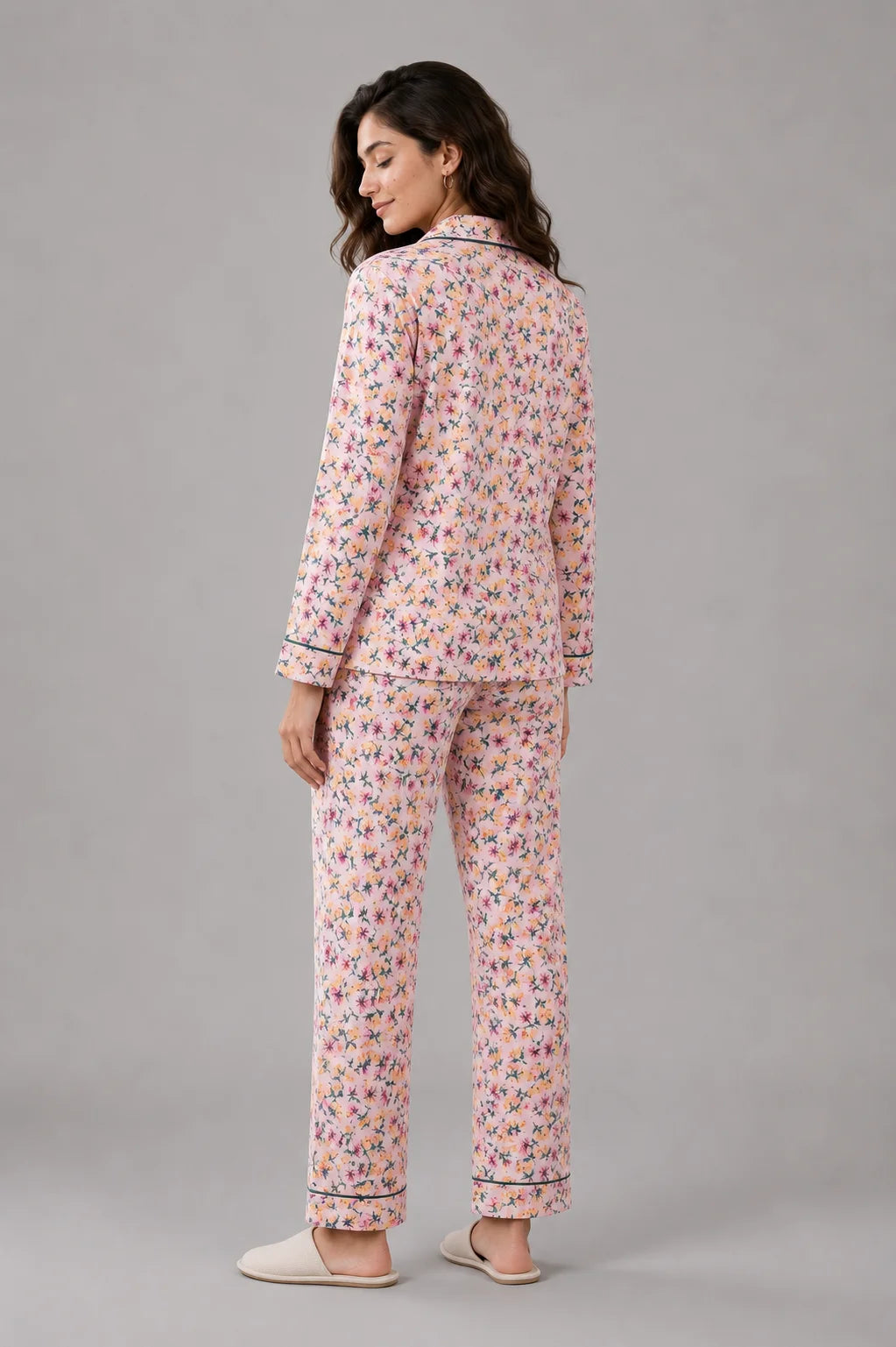 Women's Pink Floral Linen Night Suit with Green Piping