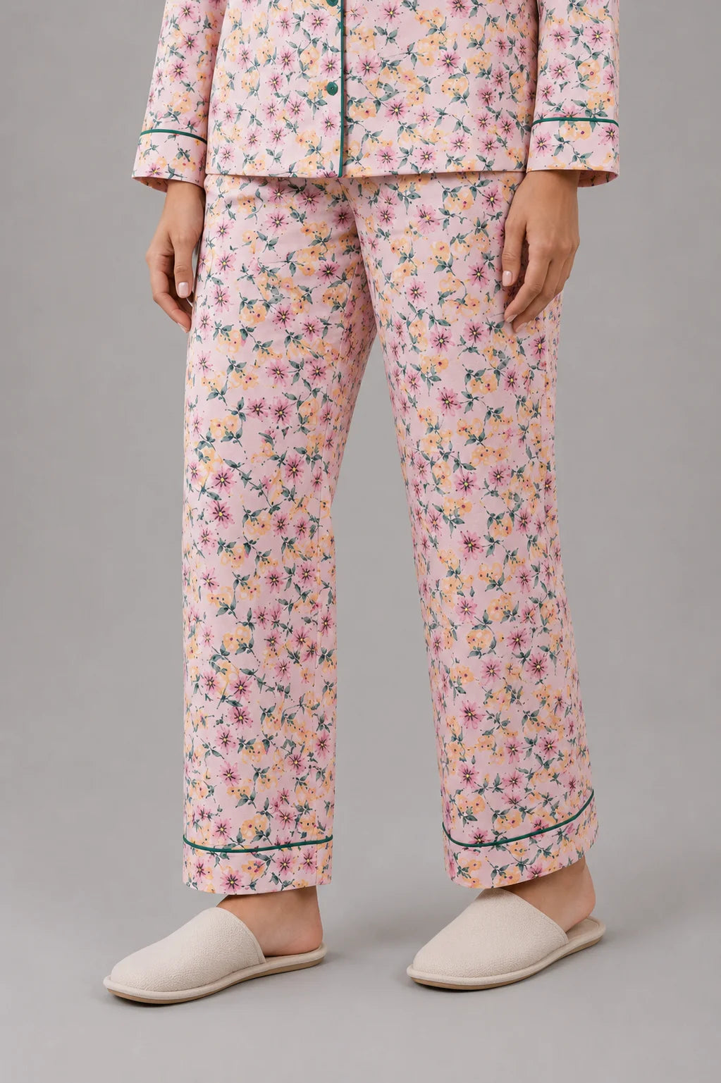 Women's Pink Floral Linen Night Suit with Green Piping