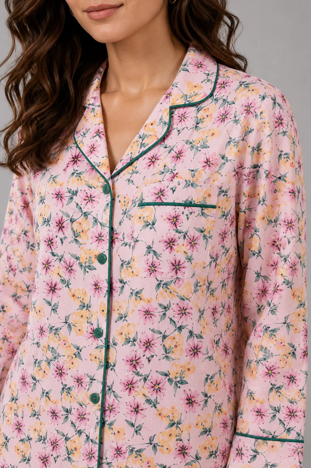 Women's Pink Floral Linen Night Suit with Green Piping