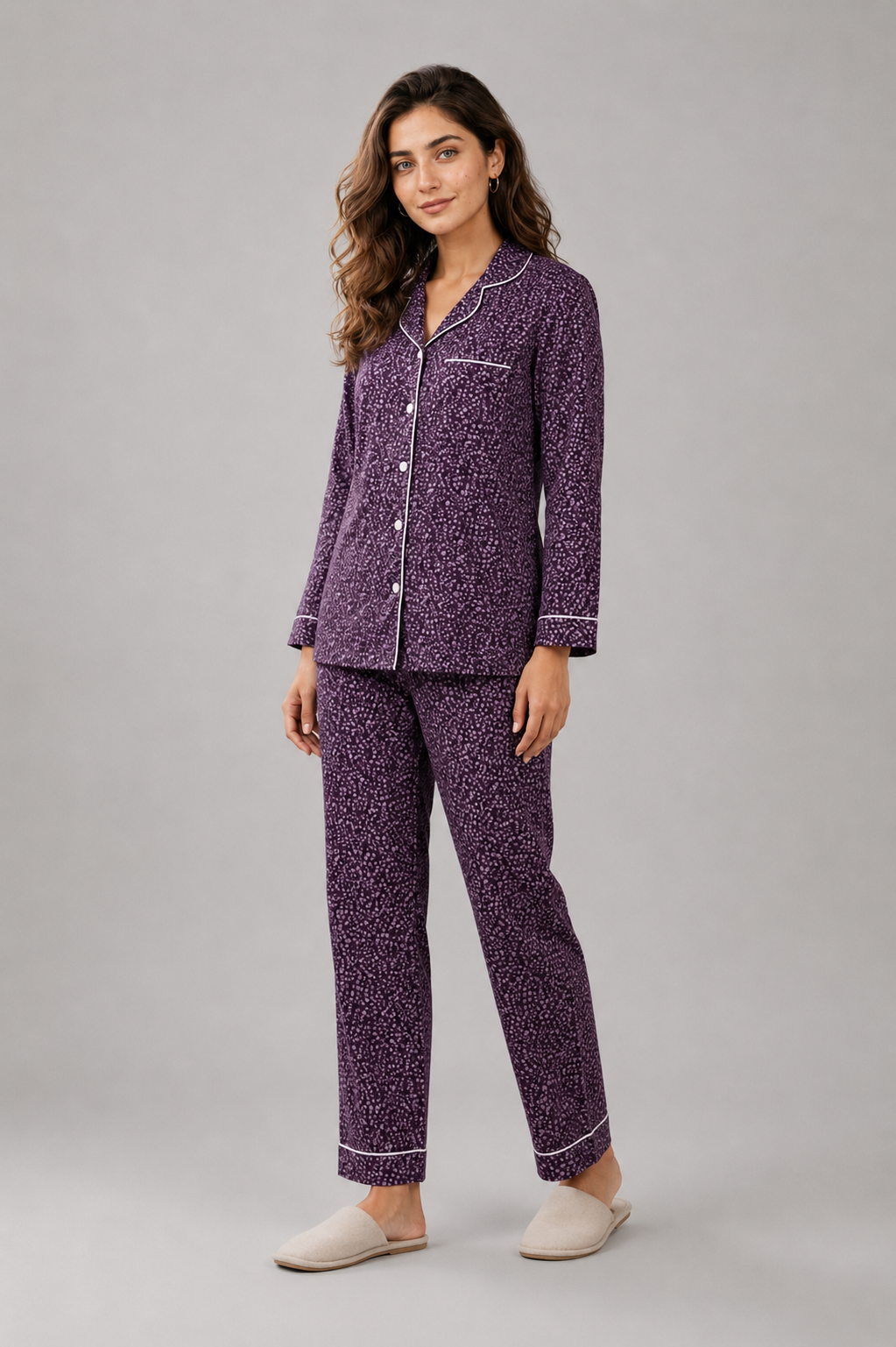 Women's Purple Printed Linen Night Suit with White Piping
