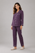 Women's Purple Printed Linen Night Suit with White Piping