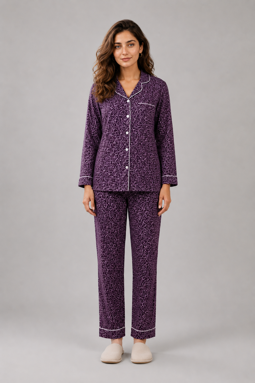 Women's Purple Printed Linen Night Suit with White Piping