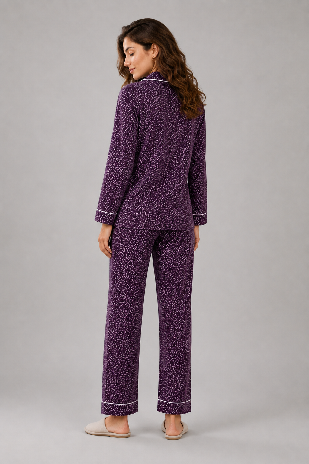 Women's Purple Printed Linen Night Suit with White Piping