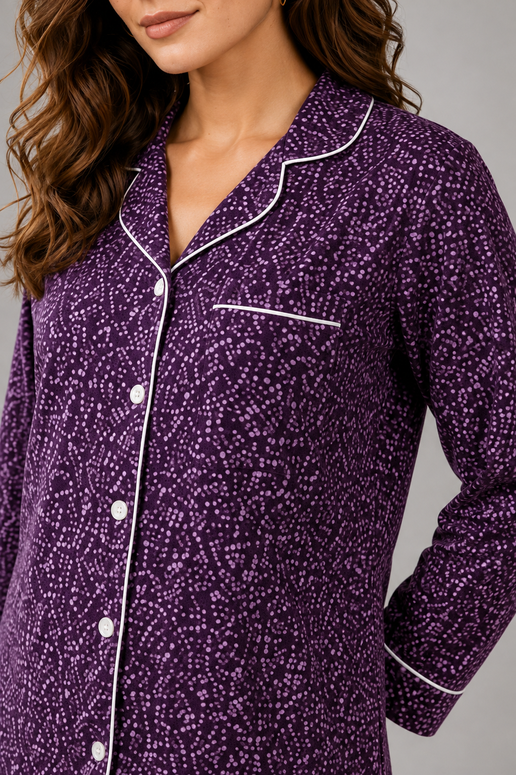 Women's Purple Printed Linen Night Suit with White Piping