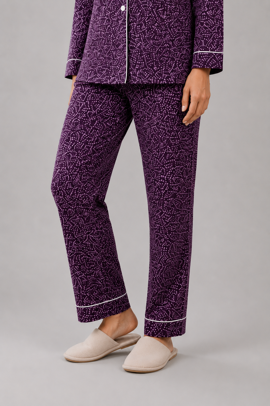 Women's Purple Printed Linen Night Suit with White Piping
