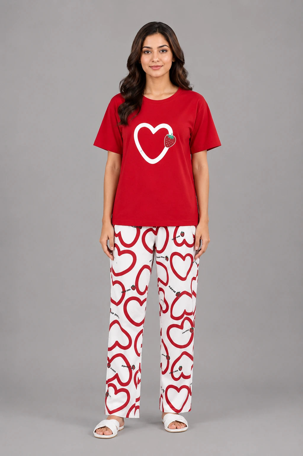 Women's Red Heart Strawberry Print Night Suit