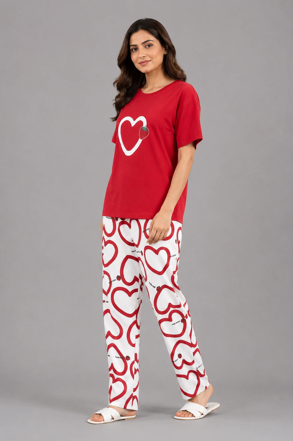 Women's Red Heart Strawberry Print Night Suit