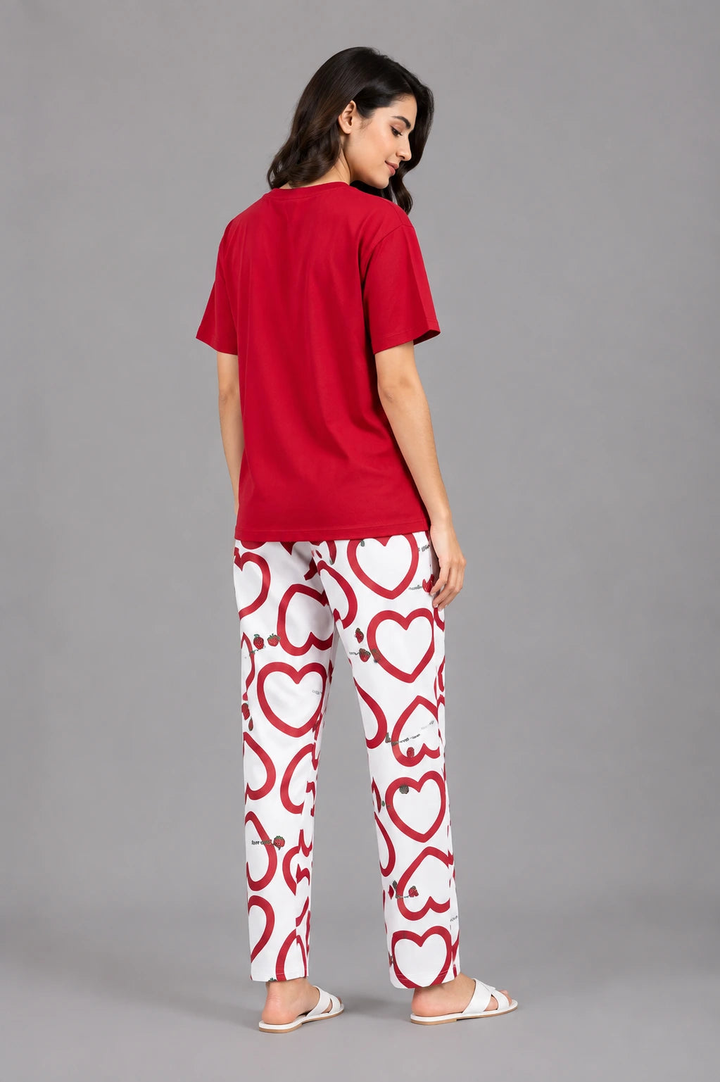 Women's Red Heart Strawberry Print Night Suit