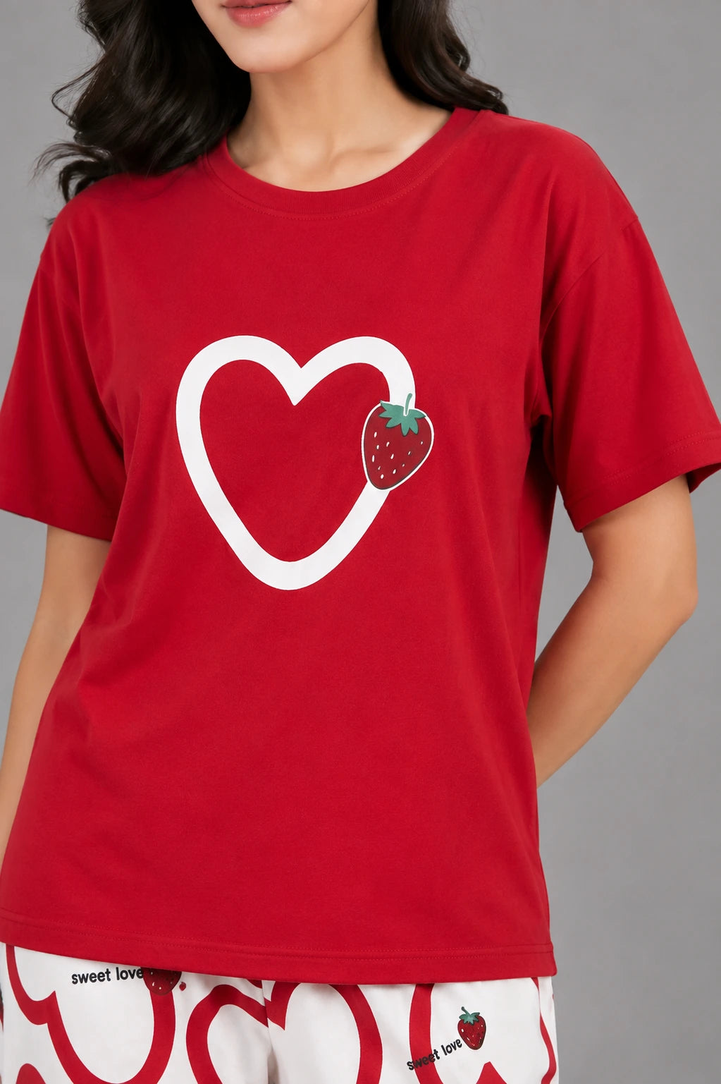 Women's Red Heart Strawberry Print Night Suit