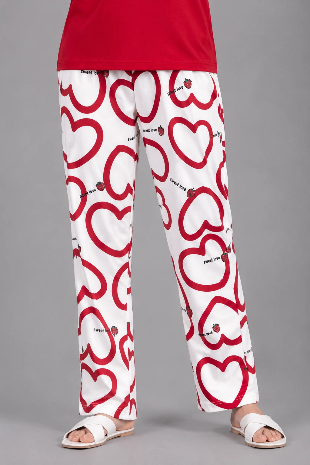 Women's Red Heart Strawberry Print Night Suit