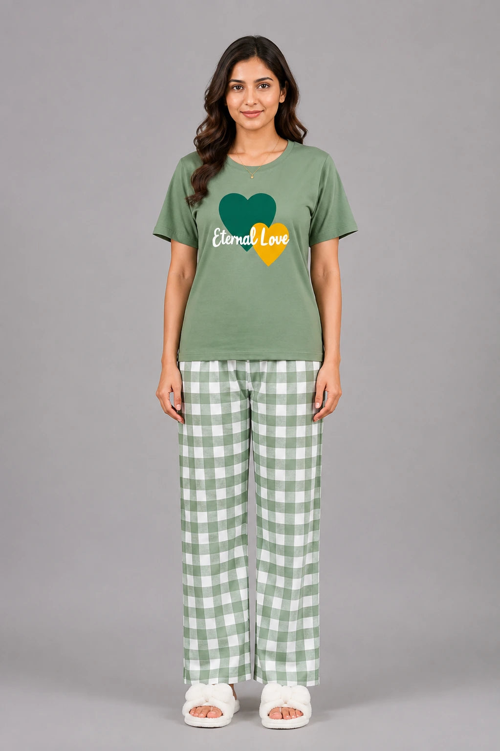 Women's Sage Green Heart Print Night Suit