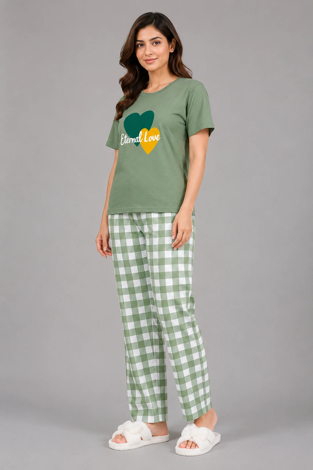Women's Sage Green Heart Print Night Suit