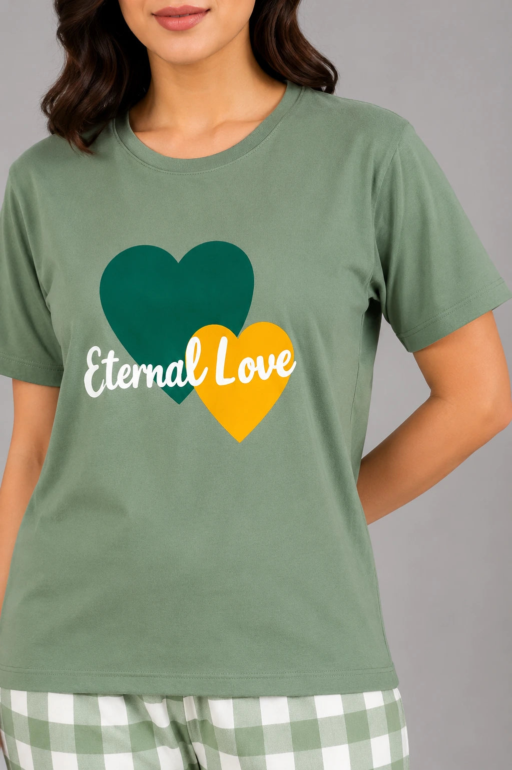 Women's Sage Green Heart Print Night Suit