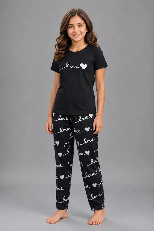 Girls' Black Love Heart Print Night Suit