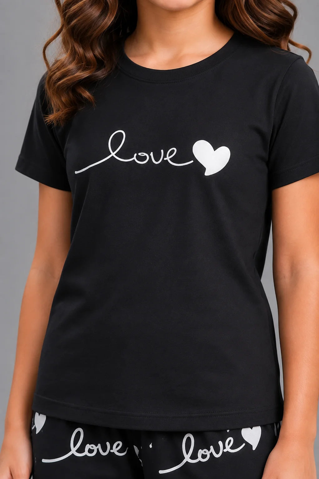 Girls' Black Love Heart Print Night Suit
