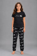 Girls' Black Love Heart Print Night Suit